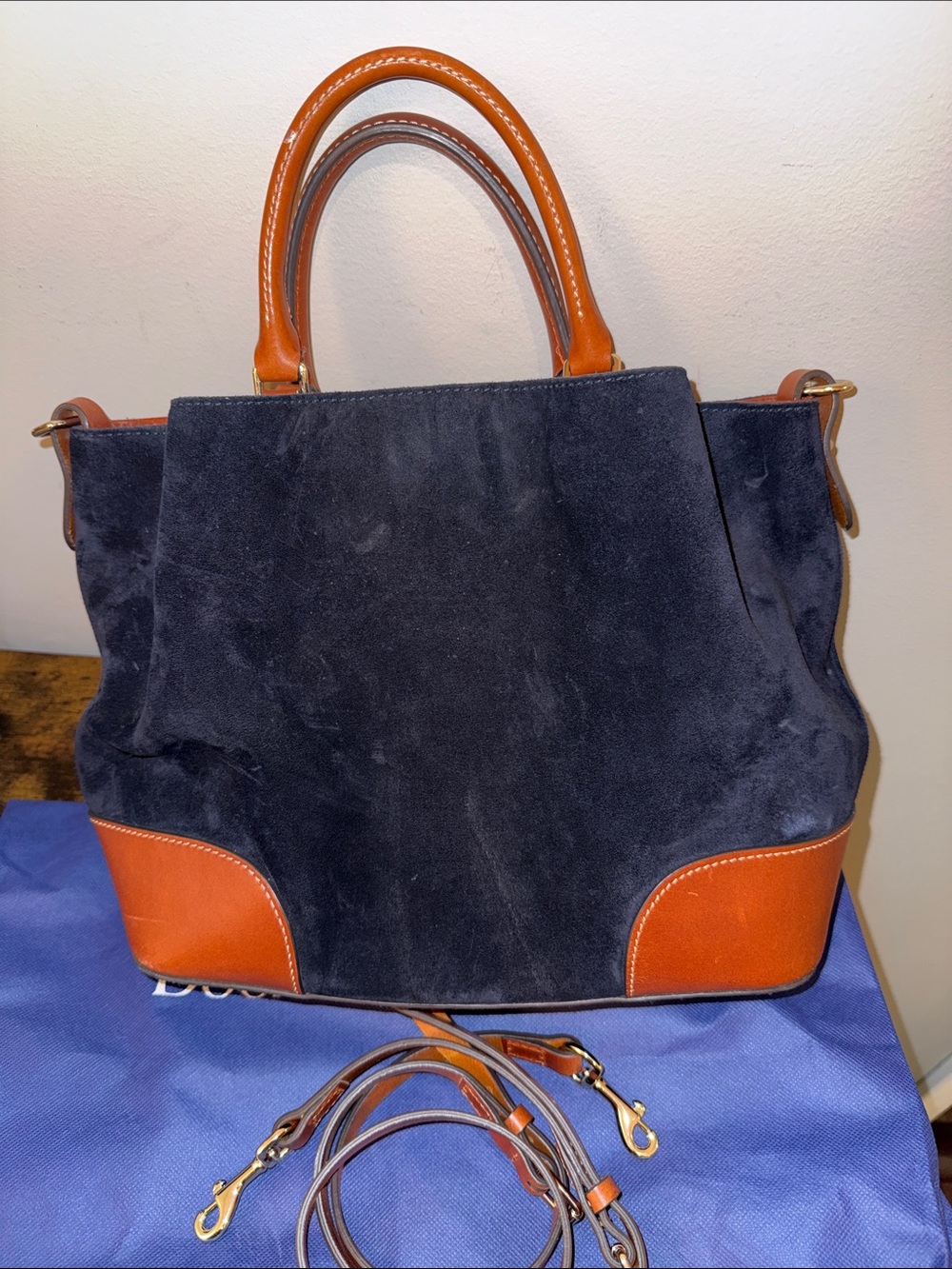 Dooney & Bourke Black Suede Satchel with Brown Leather Trim - Picture 6 of 7